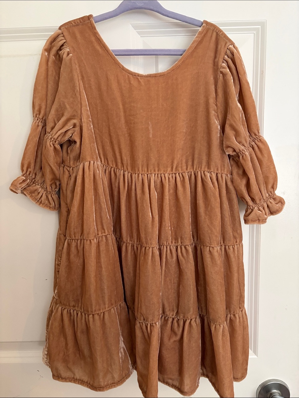 Girls' Velvet Tiered Dress in Camel Brown